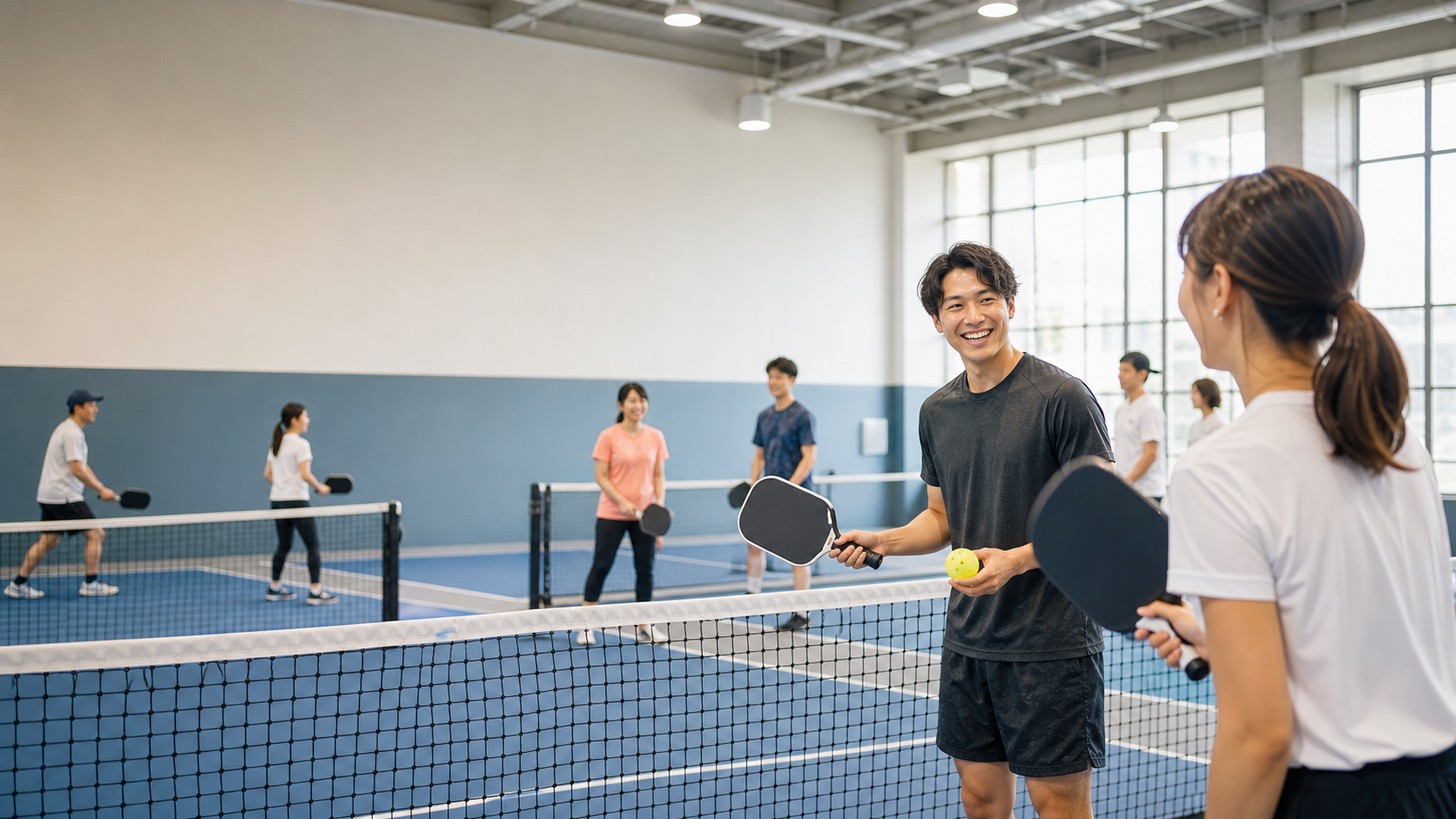 ピックルボールコートでプレーする人たち